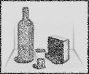 Bodeg�n compuesto de botella, vaso y caja.