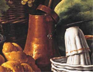 Detalle de la textura de la chocolatera de cobre