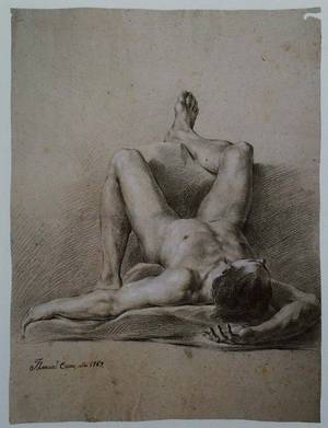 ERASO, M. Dibujo a carboncillo de desnudo en escorzo